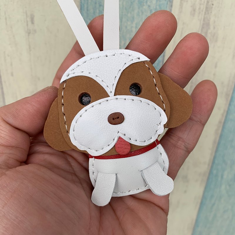 Healing small items / white cute Shih Tzu dog handmade stitching small size - พวงกุญแจ - หนังแท้ ขาว