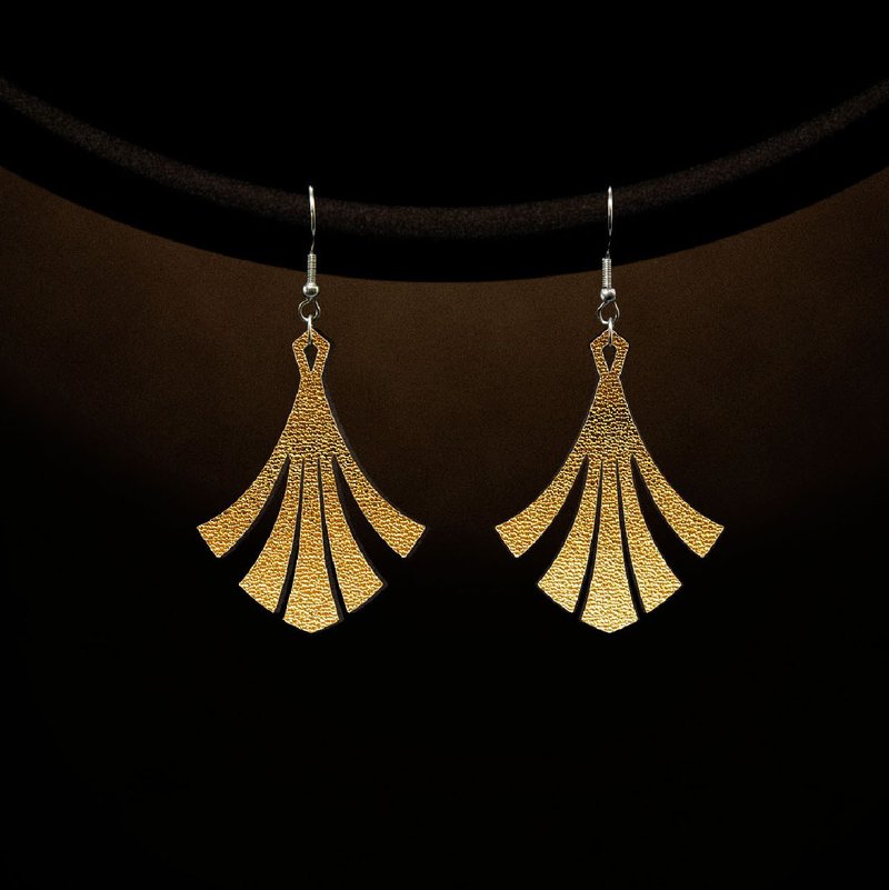 [Gatsby Series] Gatsby ArtDeco Metallic Cowhide Earrings/Earrings - Earrings & Clip-ons - Genuine Leather Gold