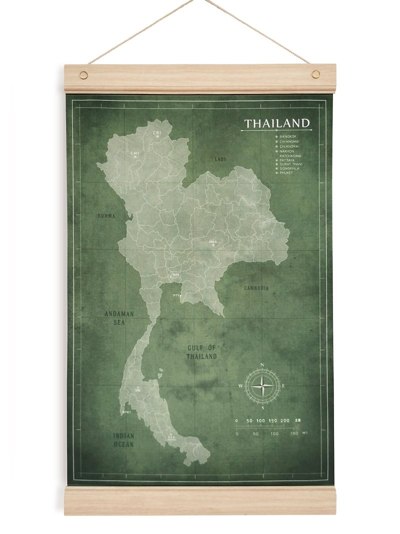 Thailand map canvas with hanging wood free wooden pin Journal diary Home decor - Wall Décor - Polyester Green