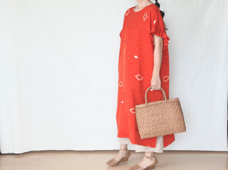 Kimono remake silk dress Ruffle sleeve dress - One Piece Dresses - Silk Red