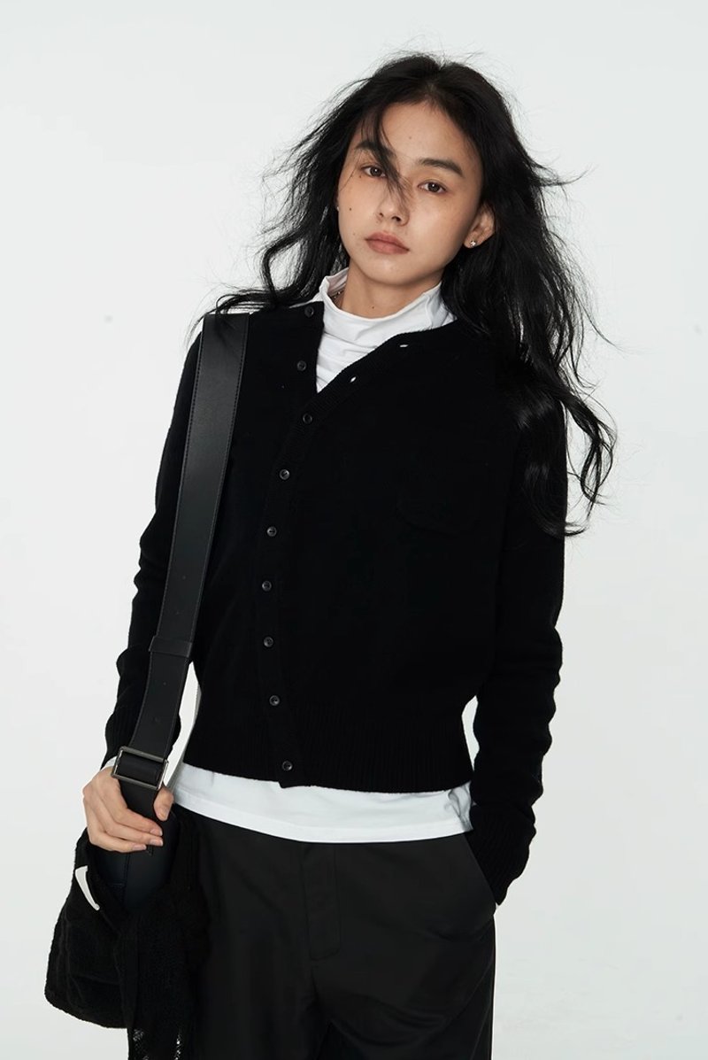 THREAD asymmetric wool cardigan jacket - สเวตเตอร์ผู้หญิง - วัสดุอื่นๆ สีดำ