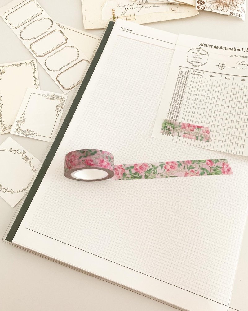 Lavender Pink Flower Washi Tape - 紙膠帶/和紙/PET - 其他材質 