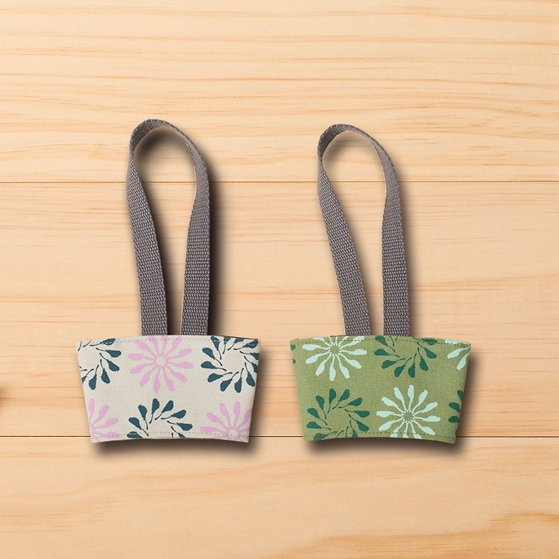 Take-Out Cup Holder (2pcs) / Black Drongo Circles / Grey Purple + Moss Green - Beverage Holders & Bags - Cotton & Hemp Green