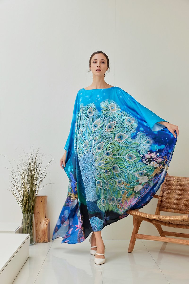 Peacock Silk Kaftan Plus Size for Women, Blue Kaftan Silk Robe Lounge Wear, Long - One Piece Dresses - Silk Blue
