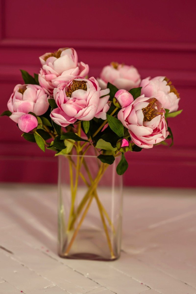 Artificial peony centerpiece, Clay peony bouquet, Faux pink flower, Gift for Her - Dried Flowers & Bouquets - Plastic Pink