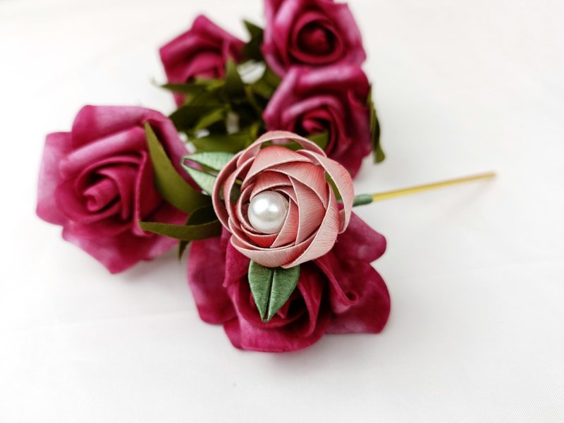 Rose Elegant Silk Flower Hairpin Traditional Fairy Head Accessories - เครื่องประดับผม - งานปัก สึชมพู