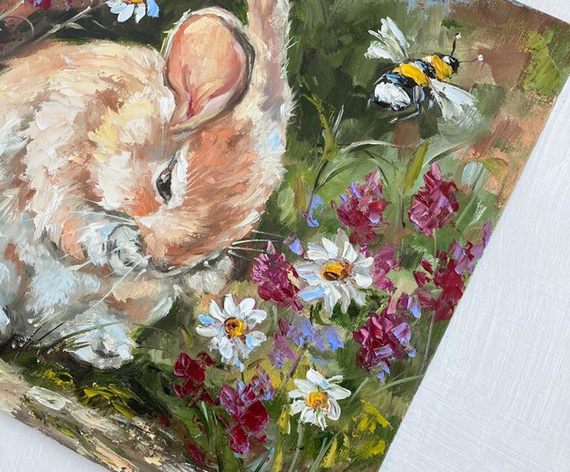 ウサギの油絵 ウサギのアート 小さな絵 ウサギのアートワーク