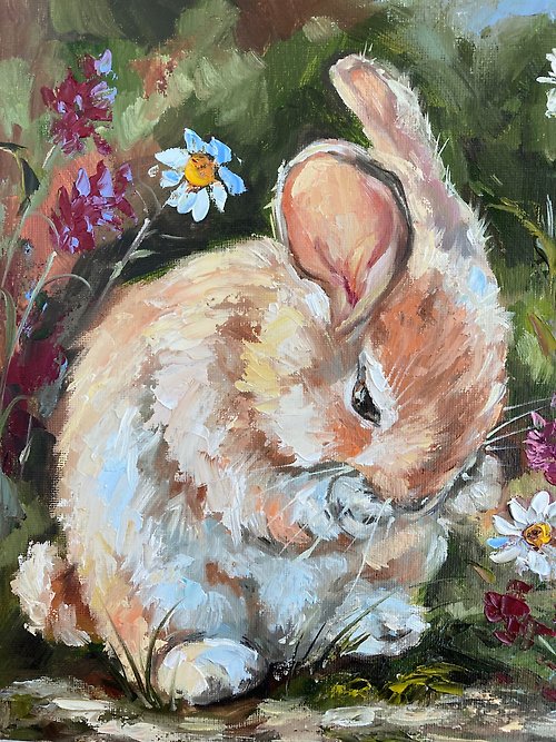 ウサギの油絵 ウサギのアート 小さな絵 ウサギのアートワーク