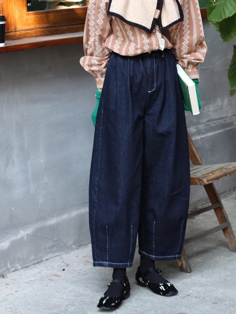 Deep indigo blue Japanese magazine style retro denim wide-leg jeans wide-leg bloomers all-match long wide pants - กางเกงขายาว - ผ้าฝ้าย/ผ้าลินิน สีน้ำเงิน