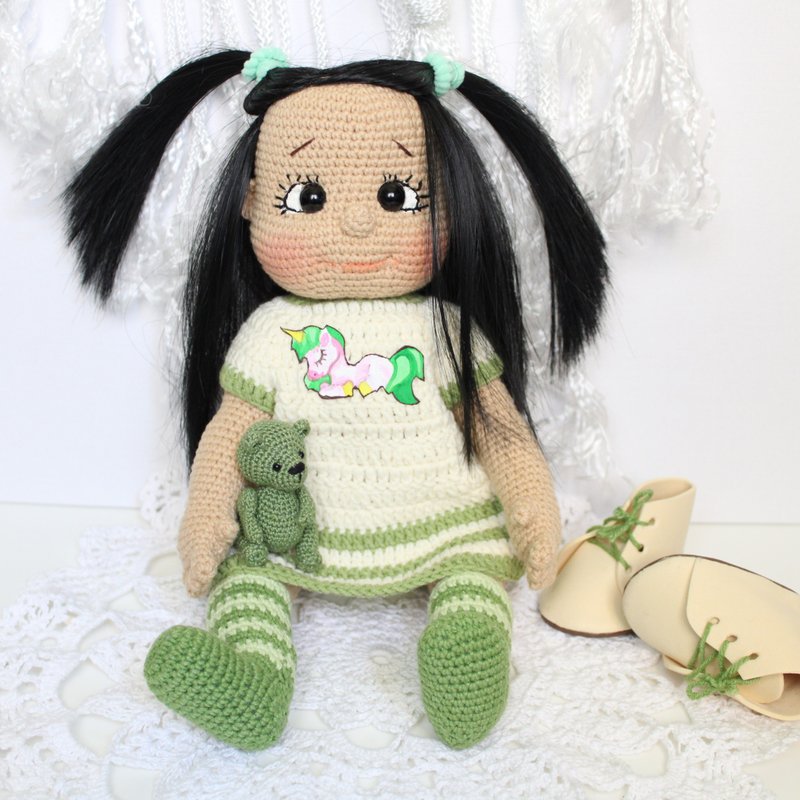 Crocheted doll gift for girl Amigurumi doll black hair doll detachable dress - Stuffed Dolls & Figurines - Other Materials Multicolor