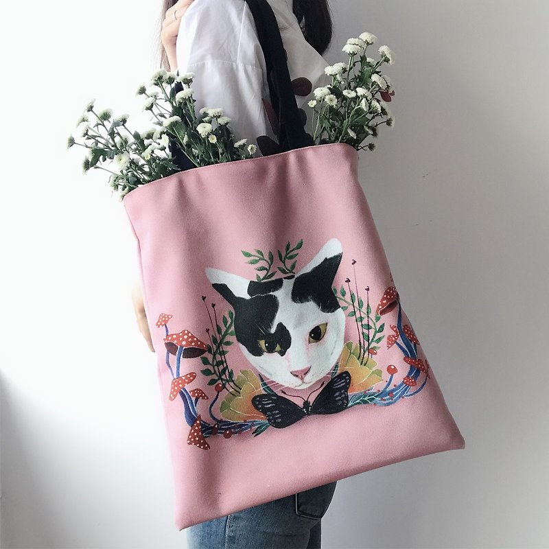 Manyu Original illustration literary retro canvas bag shopping bag - Handbags & Totes - Cotton & Hemp Pink
