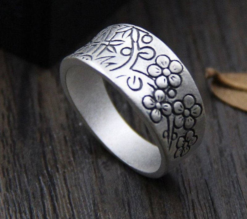 100% Real S990 Silver Fine Jewelry for Women Ethnic Flower Rings Handmade - แหวนทั่วไป - เงินแท้ สีเงิน