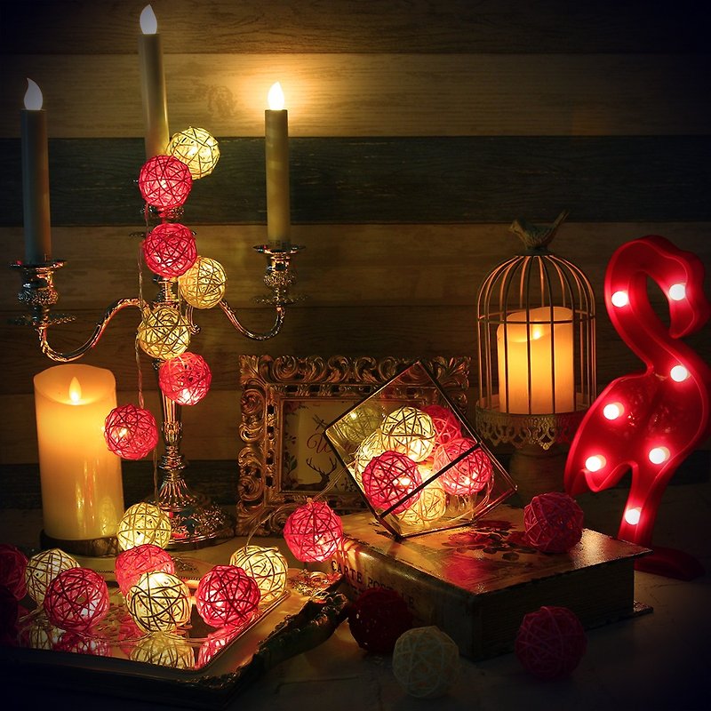 創意燈飾 籐球燈串 電池款 粉紅佳人 長度2M LED氣氛燈 聖誕節 - 燈具/燈飾 - 竹 粉紅色