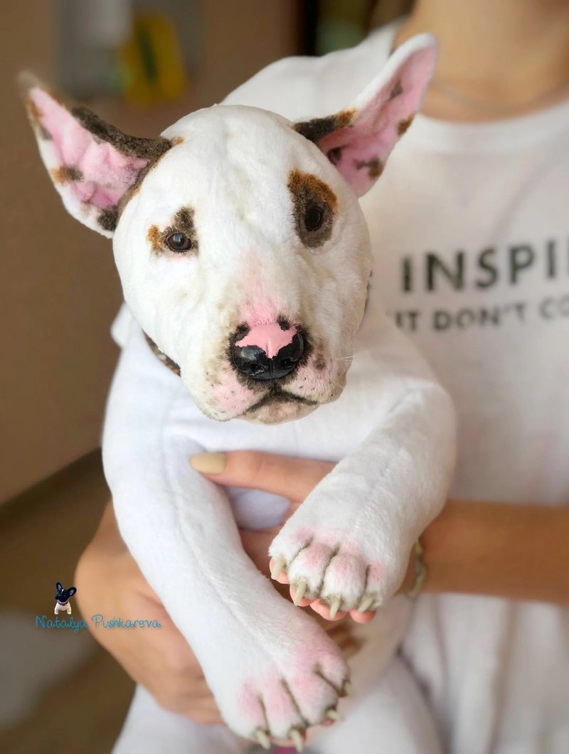 bull terrier dog, realistic toy, stuffed dog - Stuffed Dolls & Figurines - Polyester White