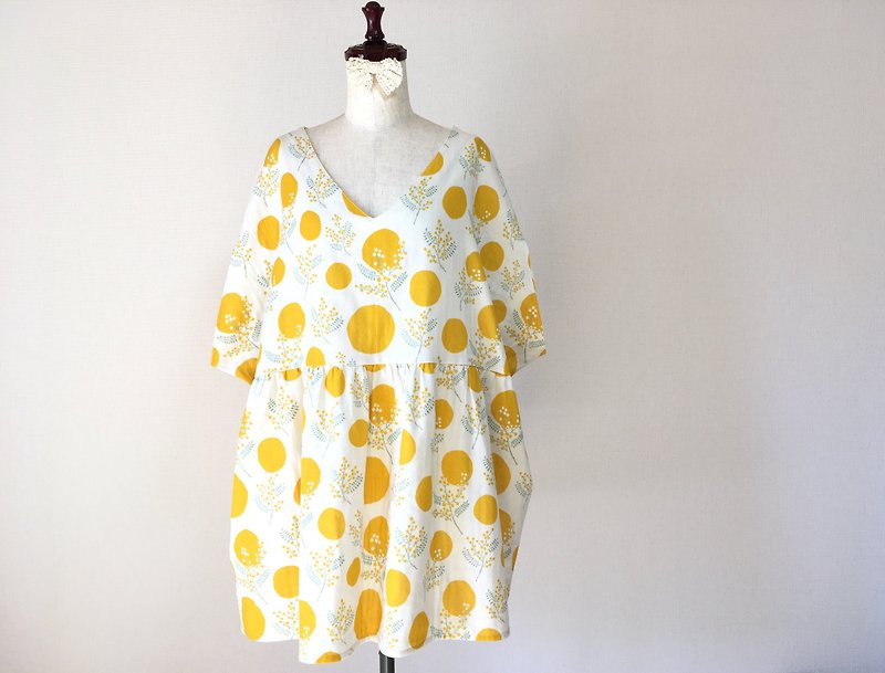 Mimosa pattern tunic One piece double gauze - ชุดเดรส - ผ้าฝ้าย/ผ้าลินิน สีเหลือง