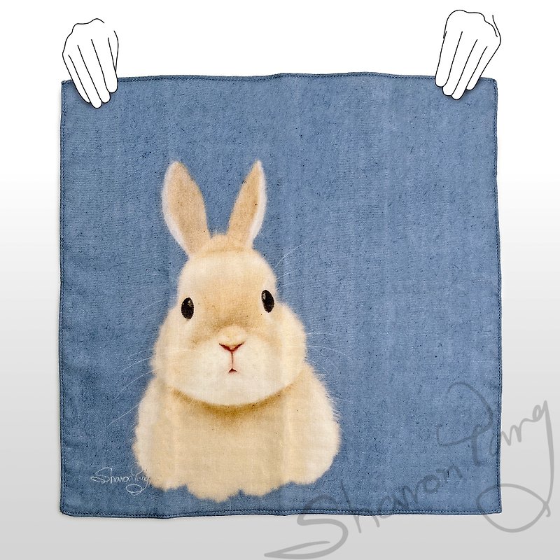 Original Illustrated Bunny Design - Cotton Scarf in Red and Blue - ผ้าเช็ดหน้า - ผ้าฝ้าย/ผ้าลินิน 