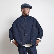 原創設計春秋中式立領顛倒廓形寬鬆牛仔夾克復古中性工裝短外套 - 男夾克/外套 - 棉．麻 藍色