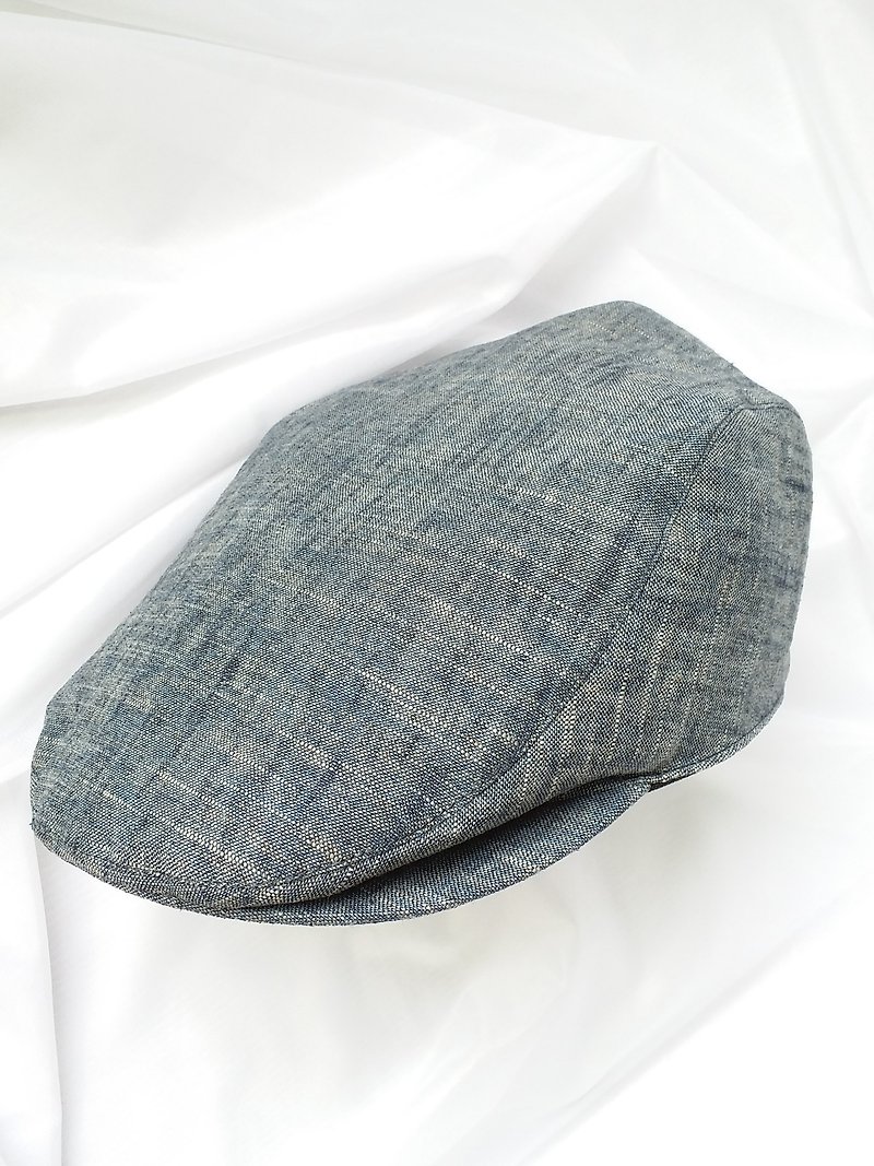 水洗藍棉麻狩獵帽(Flat Cap) - 帽子 - 棉．麻 藍色