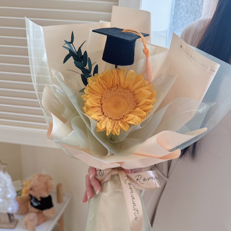 陽光色單朵永生向日葵花束 畢業花束 太陽花花束 - 乾燥花/永生花 - 植物．花 黃色