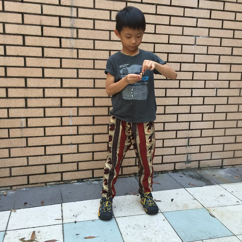 兒童褲-brown/red handblock - 男/女童長褲/短褲 - 棉．麻 咖啡色