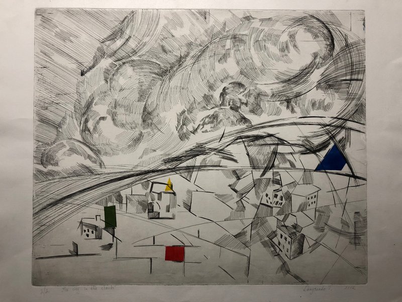 The city in the clouds, color etching, limited edition 2/2, cityscape, Wall Art - 壁貼/牆壁裝飾 - 紙 白色