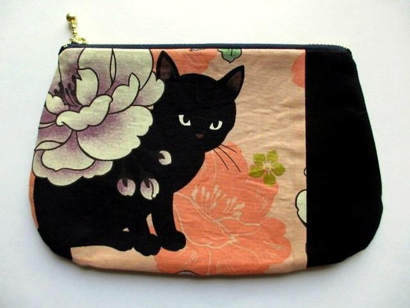 Black Cat Japanese pattern flat pouch * orange A - กระเป๋าเครื่องสำอาง - ผ้าฝ้าย/ผ้าลินิน สีเหลือง
