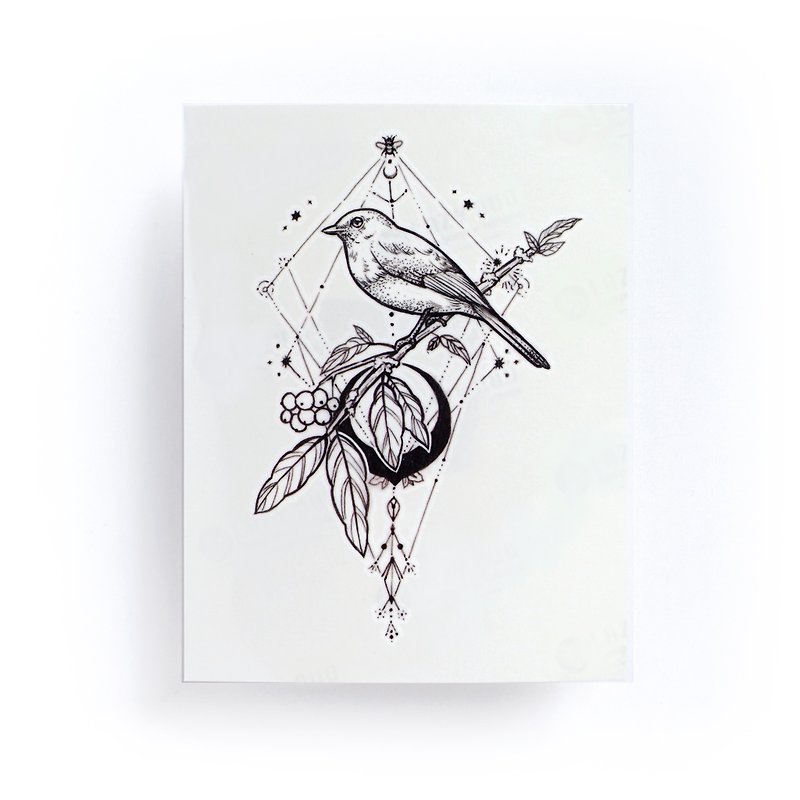 手繪唯美動物刺青紋身貼紙 神秘黑月雀鳥自由禪難簡約歌德洛麗塔 - 紋身貼紙/刺青貼紙 - 紙 黑色