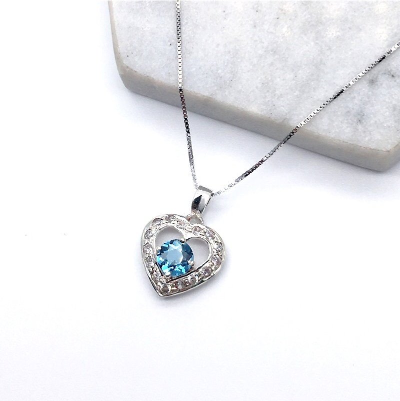 Blue Topaz 925 sterling silver love mosaic zircon necklace Nepal handmade mosaic production - Necklaces - Gemstone Blue
