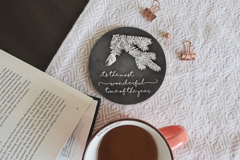 Christmas Coaster with Song Lyrics, Winter Botanical Drawing and Chalkboard - Items for Display - Pottery Black