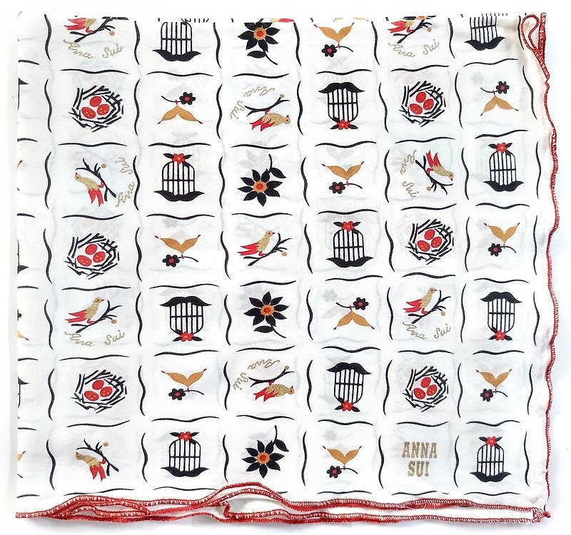 Anna Sui Vintage Handkerchief Birds, Nest, Floral, Bird Cage 21 x 20 inches - Handkerchiefs & Pocket Squares - Cotton & Hemp Red