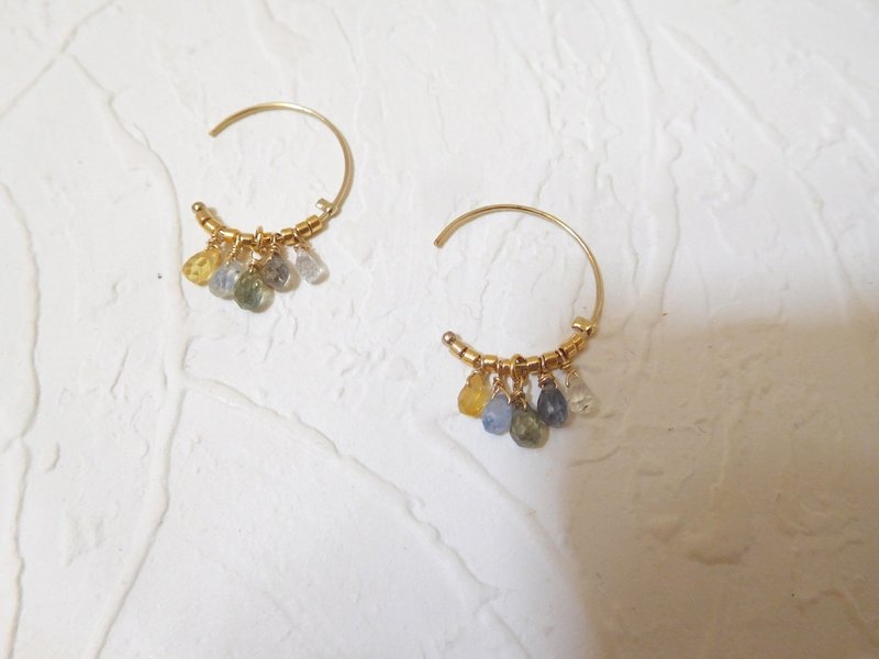 14k gold medium C-ring water drop sapphire earrings, non-clipable - Earrings & Clip-ons - Other Materials Blue