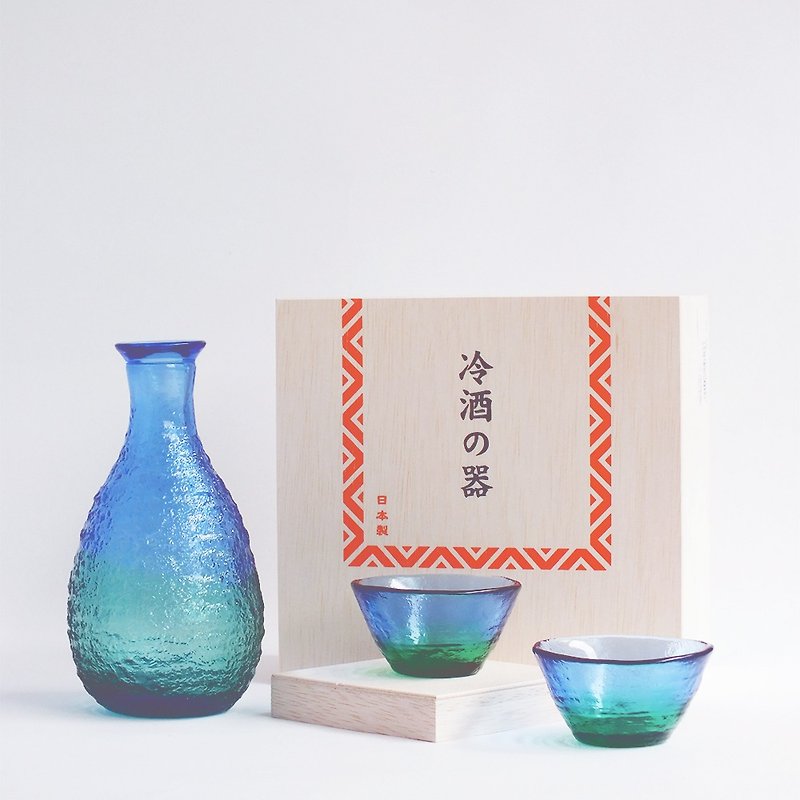 【結婚禮物】藍綠漸層清酒器組 /木盒裝/入厝 - 酒杯/酒器 - 玻璃 