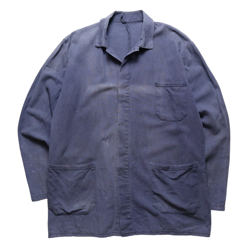 70s 洗舊藍人字紋法國工裝 French work jacket - 男夾克/外套 - 棉．麻 藍色