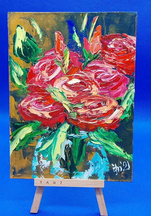 CosinessArt Still Life Red Roses Vase Romantic Oil Painting Garden Flowers Original Wall Art