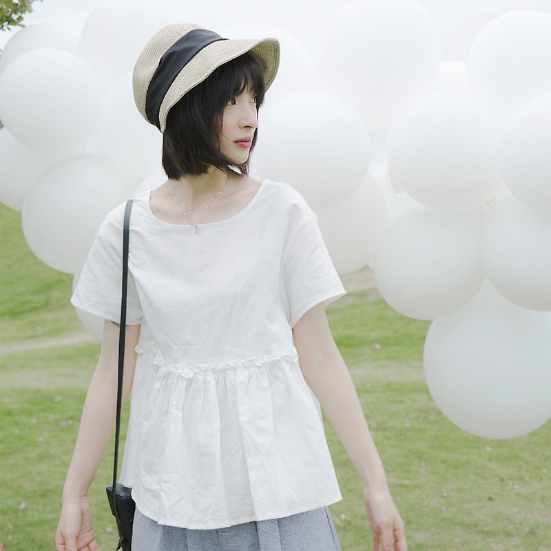 日系圓領娃娃衫|襯衫|亞麻+棉|獨立品牌|Sora-141 - 恤衫 - 棉．麻 白色