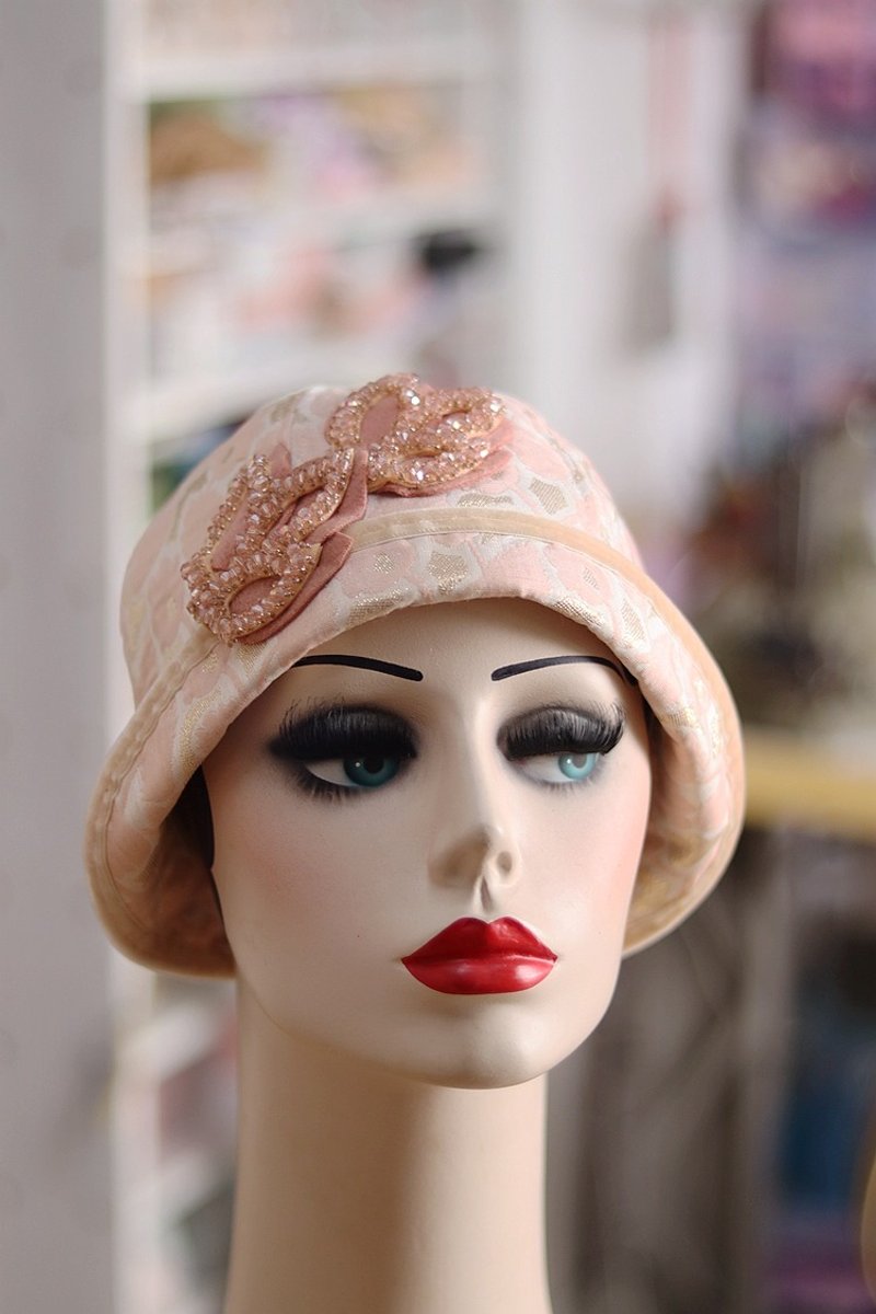 復古風格20年代粉色反折鐘形帽Cloche Hat - 帽子 - 其他材質 