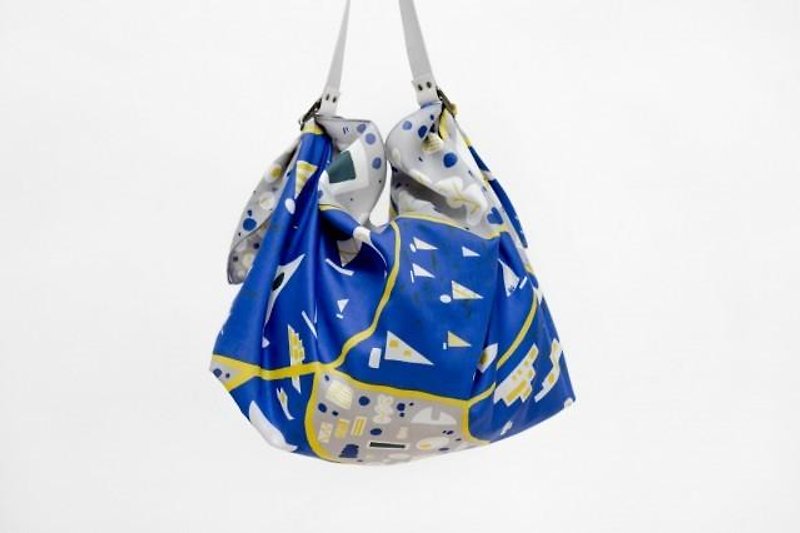 Stockholm Blue Furoshiki & White Leather Carry Strap Set - Messenger Bags & Sling Bags - Genuine Leather Blue