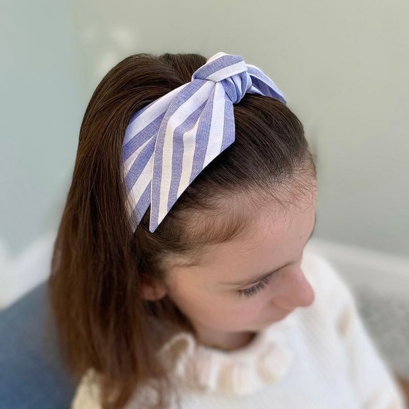 British Ribbies Adult Bow Headband - Pink Blue and White Stripes - Hair Accessories - Cotton & Hemp 