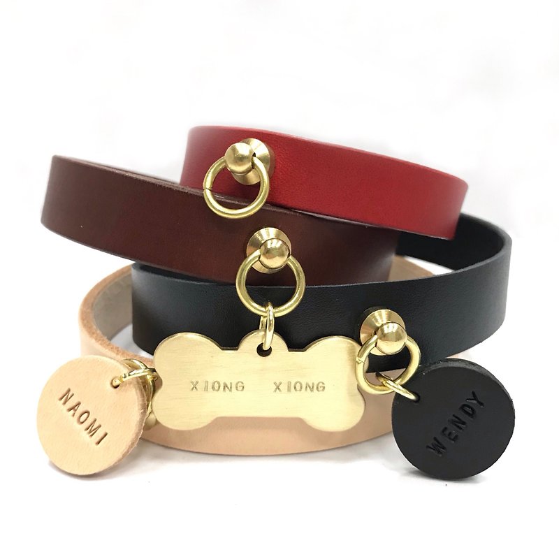 Acting Cute Collar with brass bone-shaped nametag - Collars & Leashes - Genuine Leather Brown