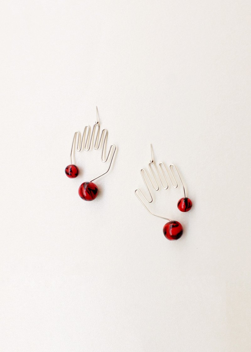 Hej, Hand Shaped Wire Earrings in silver with Red detail. - Earrings & Clip-ons - Clay Red