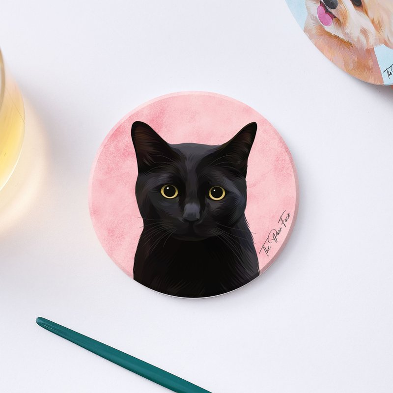 Black Cat-round ceramic absorbent coaster/animal/homeware - Coasters - Pottery 