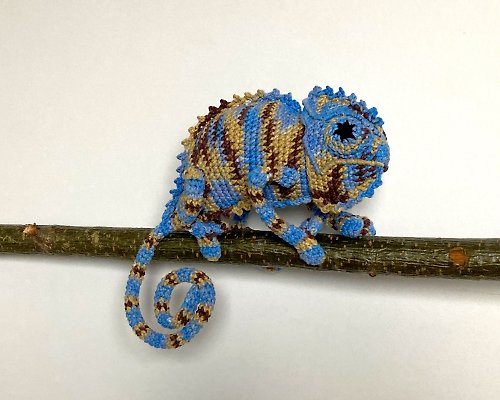 Anelle Toys Crochet chameleon in blue brown color, Stuffed animal lizard, Crochet reptile