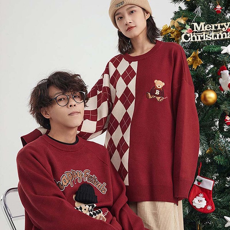 Merry Christmas bear embroidery sweater collar turtleneck sweater couples coat - สเวตเตอร์ผู้ชาย - ผ้าฝ้าย/ผ้าลินิน 