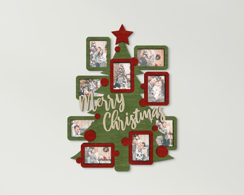 Merry Christmas tree frame Custom picture frame collage Engraved photo collage - Wall Décor - Wood Green