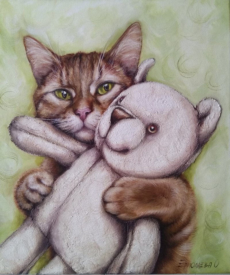 Cat with toy Oil painting cat Animal Picture Cat Art - ตกแต่งผนัง - วัสดุอื่นๆ สีส้ม