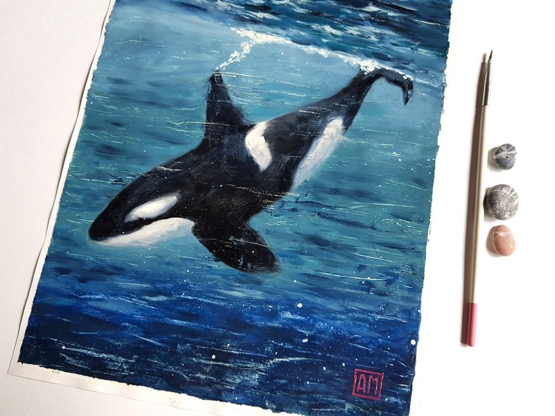 Original artwork animal - Orca - hand painted oil painting - Wall Décor - Other Materials 