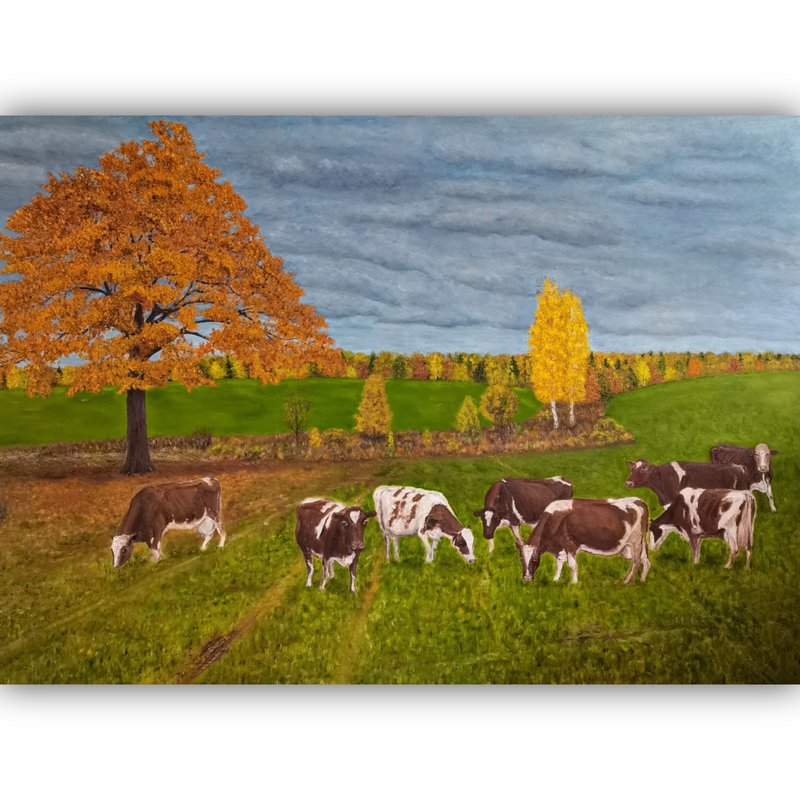 Cow Painting Landscape Original Art Animal Oil Painting Cow Wall Artwork - Posters - Cotton & Hemp Multicolor