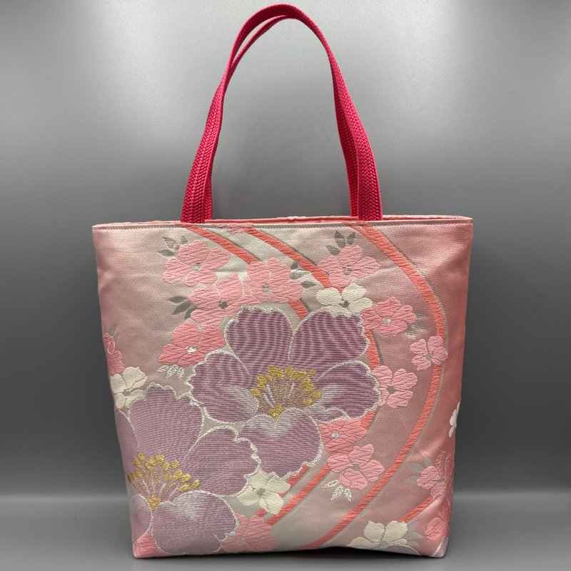 着物 帯 帯締め ハンドメイド トートバッグ リメイク ピンク 唐織 正絹 - 手提包/手提袋 - 絲．絹 粉紅色