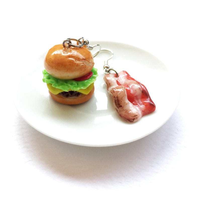 burger+Becon earring - 耳環/耳夾/耳骨夾 - 黏土 紅色