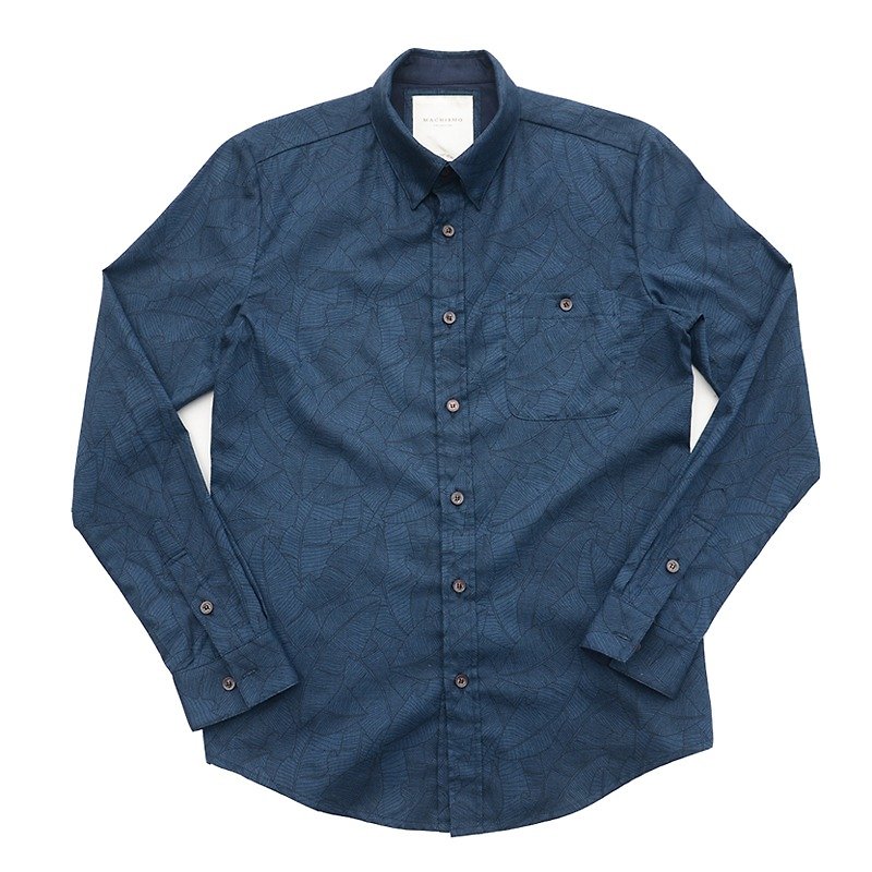 Leaf Print Long-sleeve Shirt - เสื้อเชิ้ตผู้ชาย - ผ้าฝ้าย/ผ้าลินิน สีน้ำเงิน